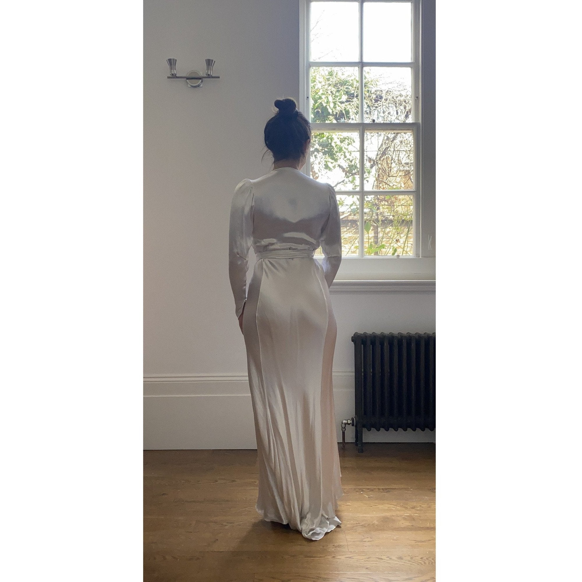 vintage white silk dress Casual Vintage Silk Wedding Dress with Long Sleeve
