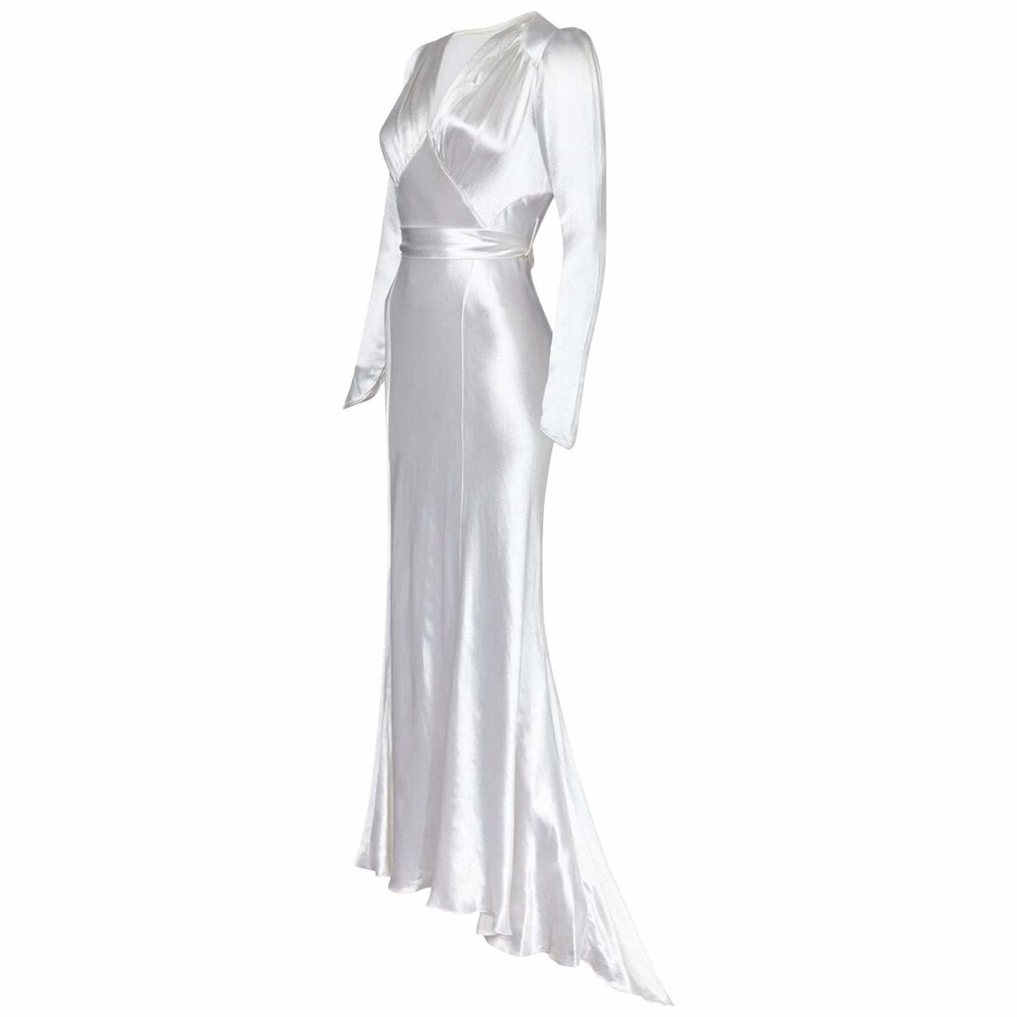 1930s Long Sleeved White Silk Satin Bias Cut Wedding Dress
