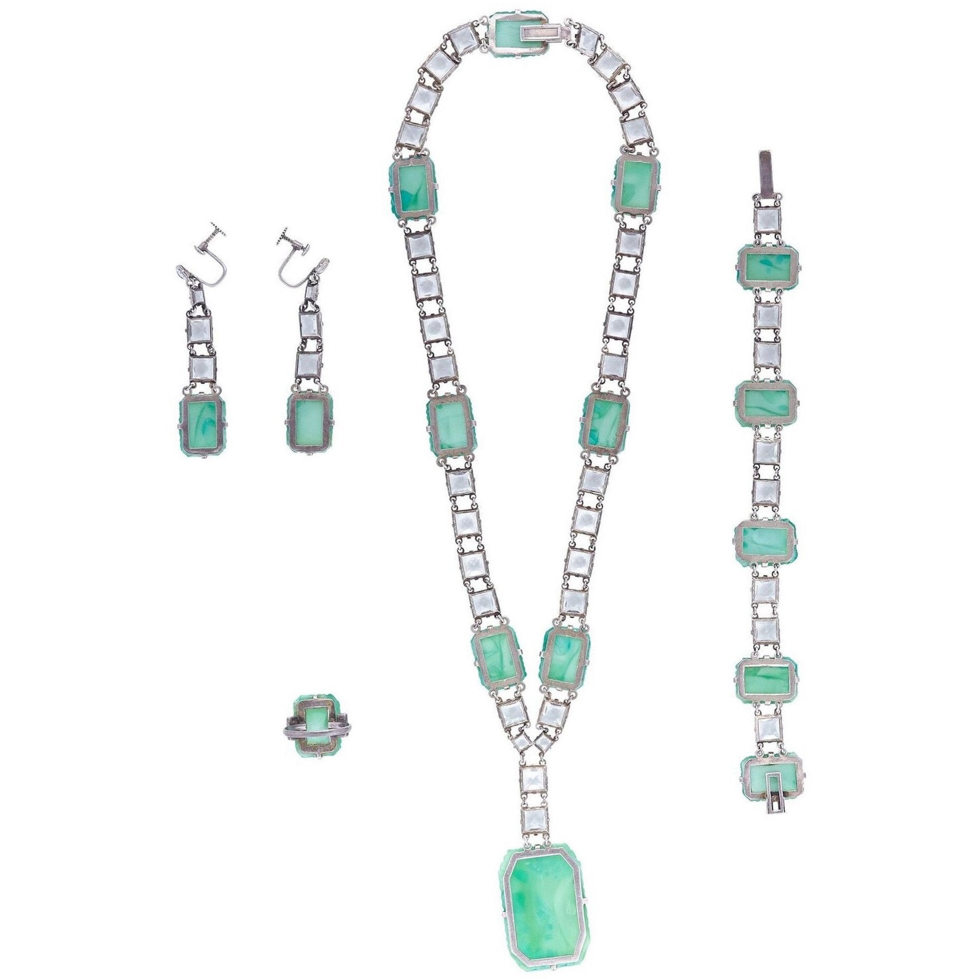 1930s Silver & Peking Glass Art Deco 4 Piece Jewellery Set With Rock Crystals