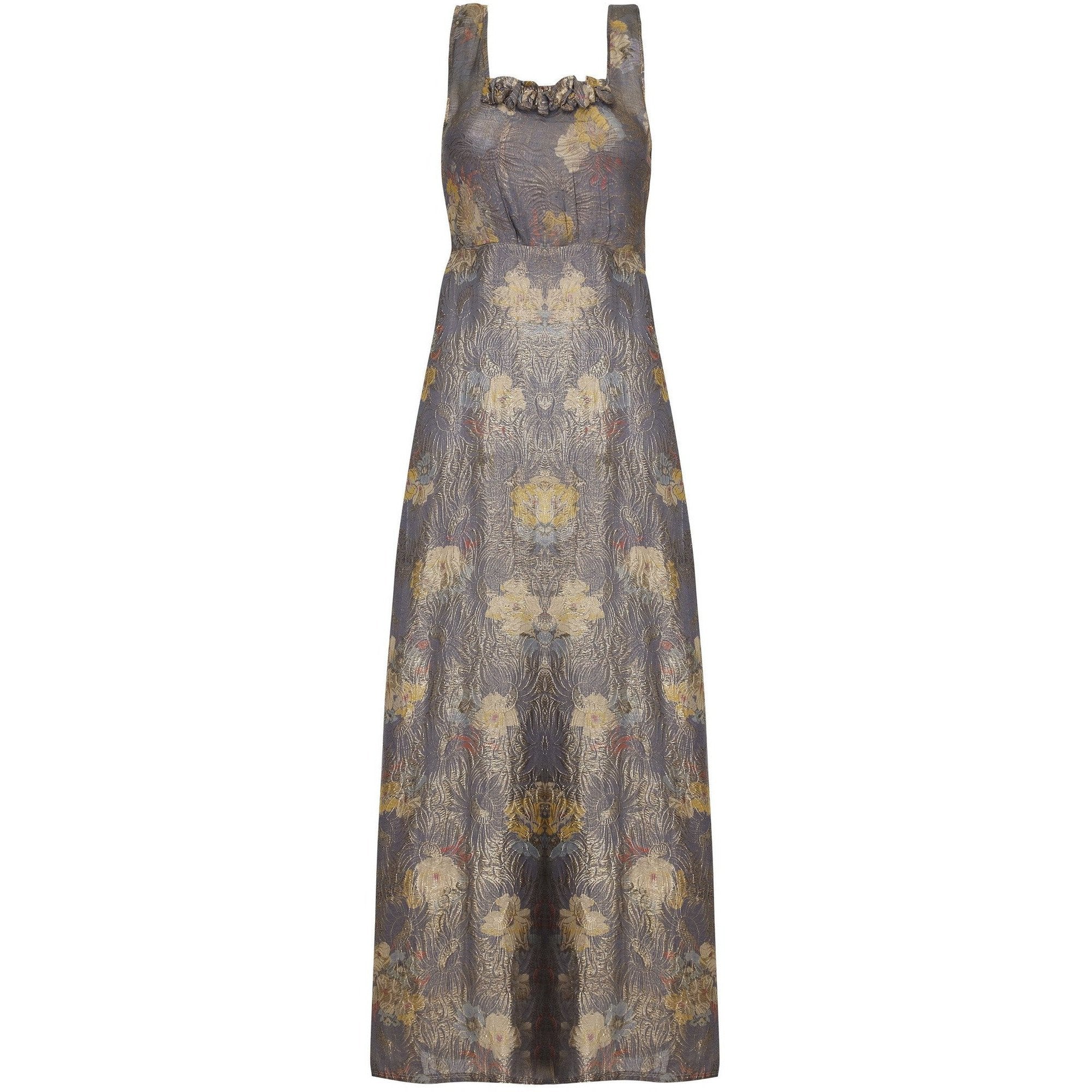 1930s Soft Grey and Gold Lame Floral Print Dress With Empire Waistband