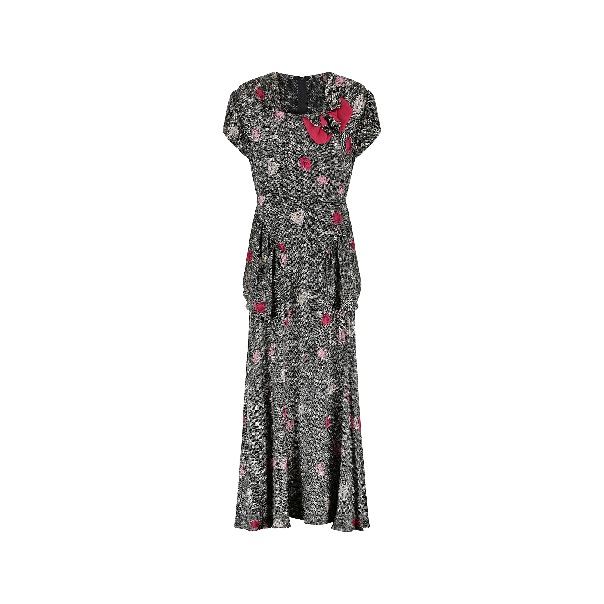 1940s Novelty Rose Print Silk Peplum Maxi Dress