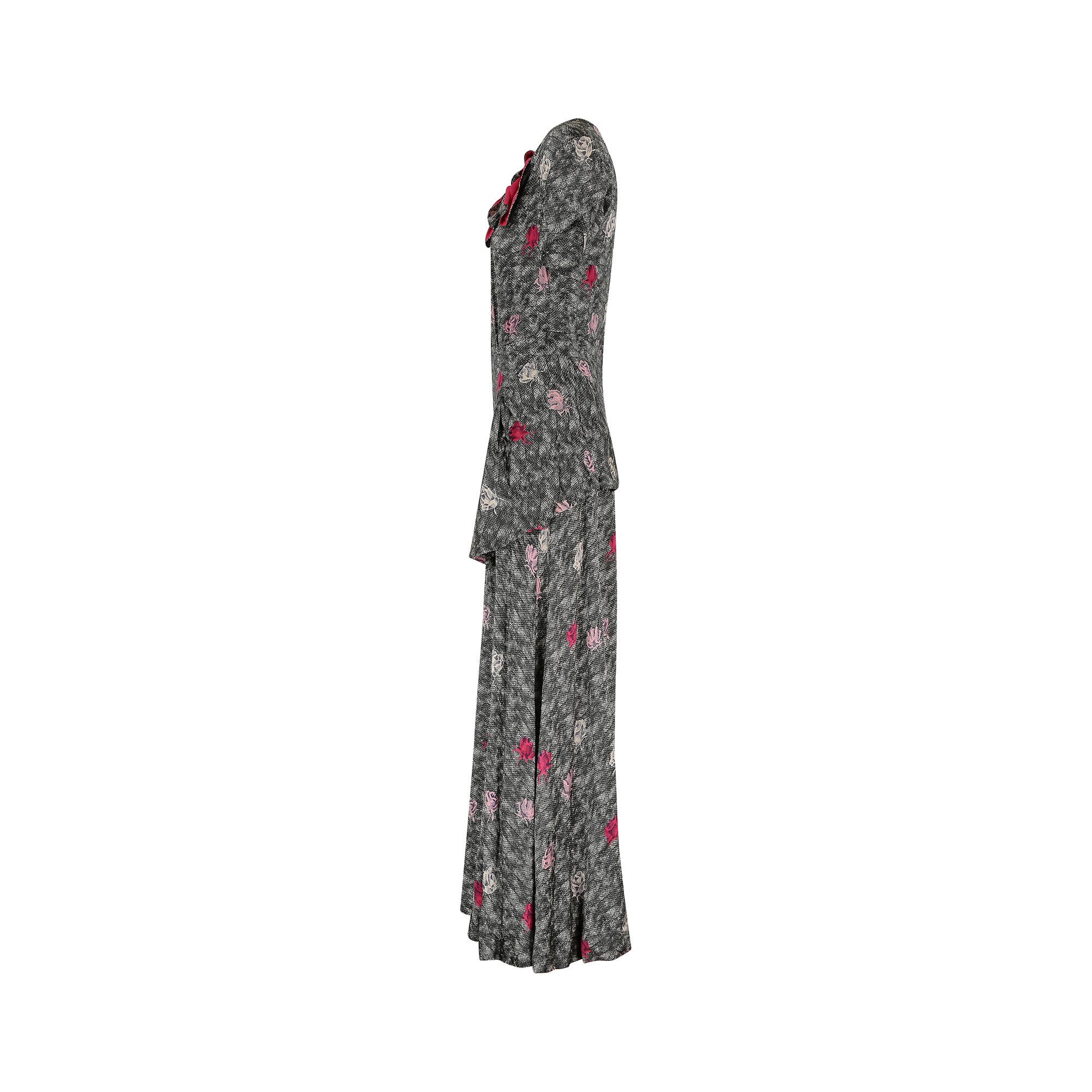 1940s Novelty Rose Print Silk Peplum Maxi Dress