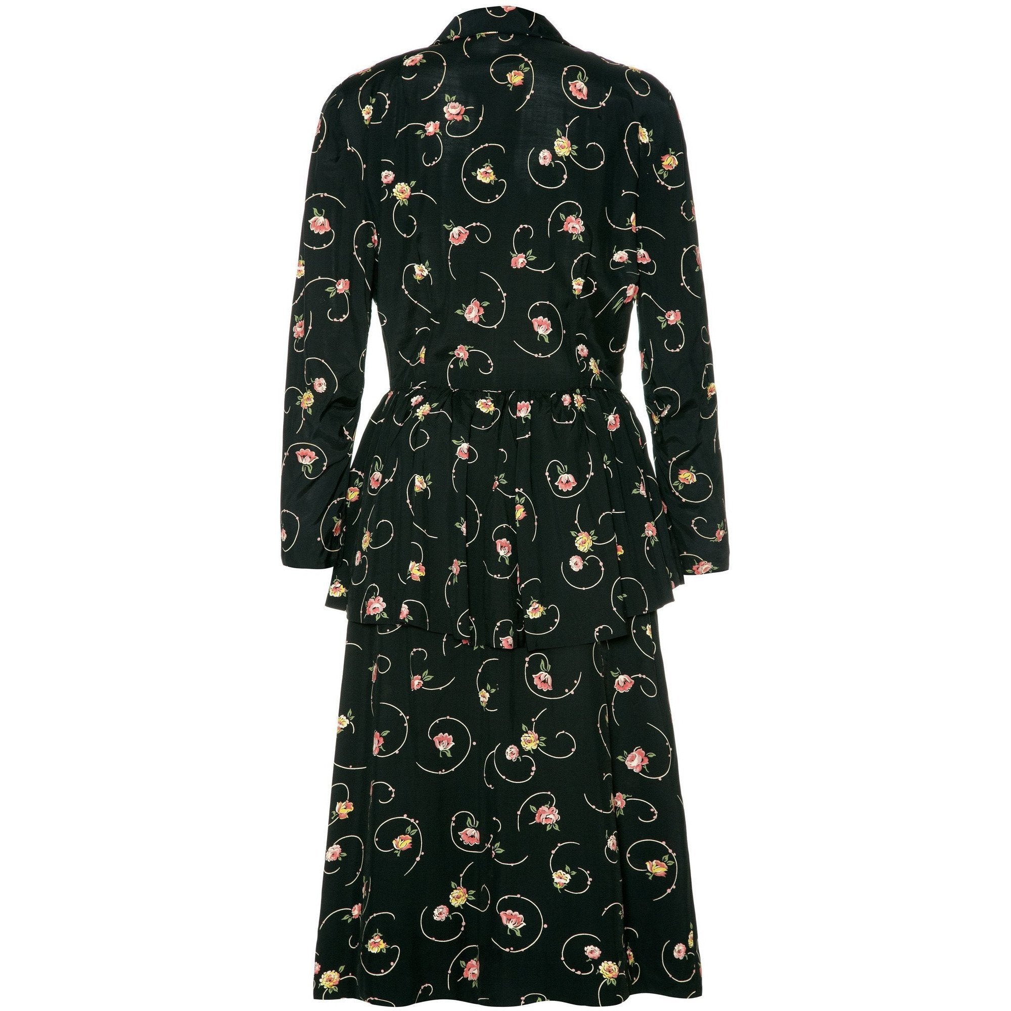 1940’s Black and Floral Peplum Shirt Rayon Tea Dress