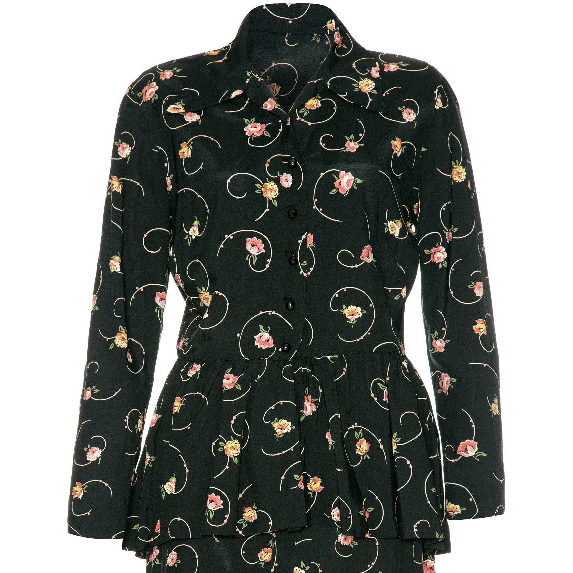 1940’s Black and Floral Peplum Shirt Rayon Tea Dress