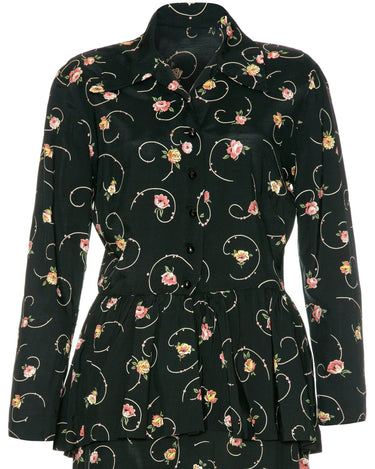 1940’s Black and Floral Peplum Shirt Rayon Tea Dress