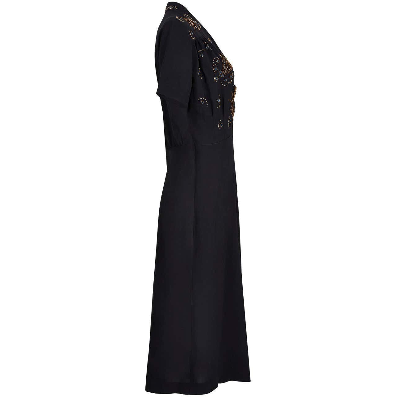 1940s Black Crepe Comet Design Beaded Dress