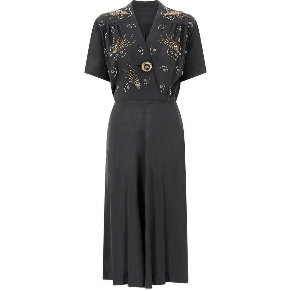 1940s Black Crepe Comet Design Beaded Dress