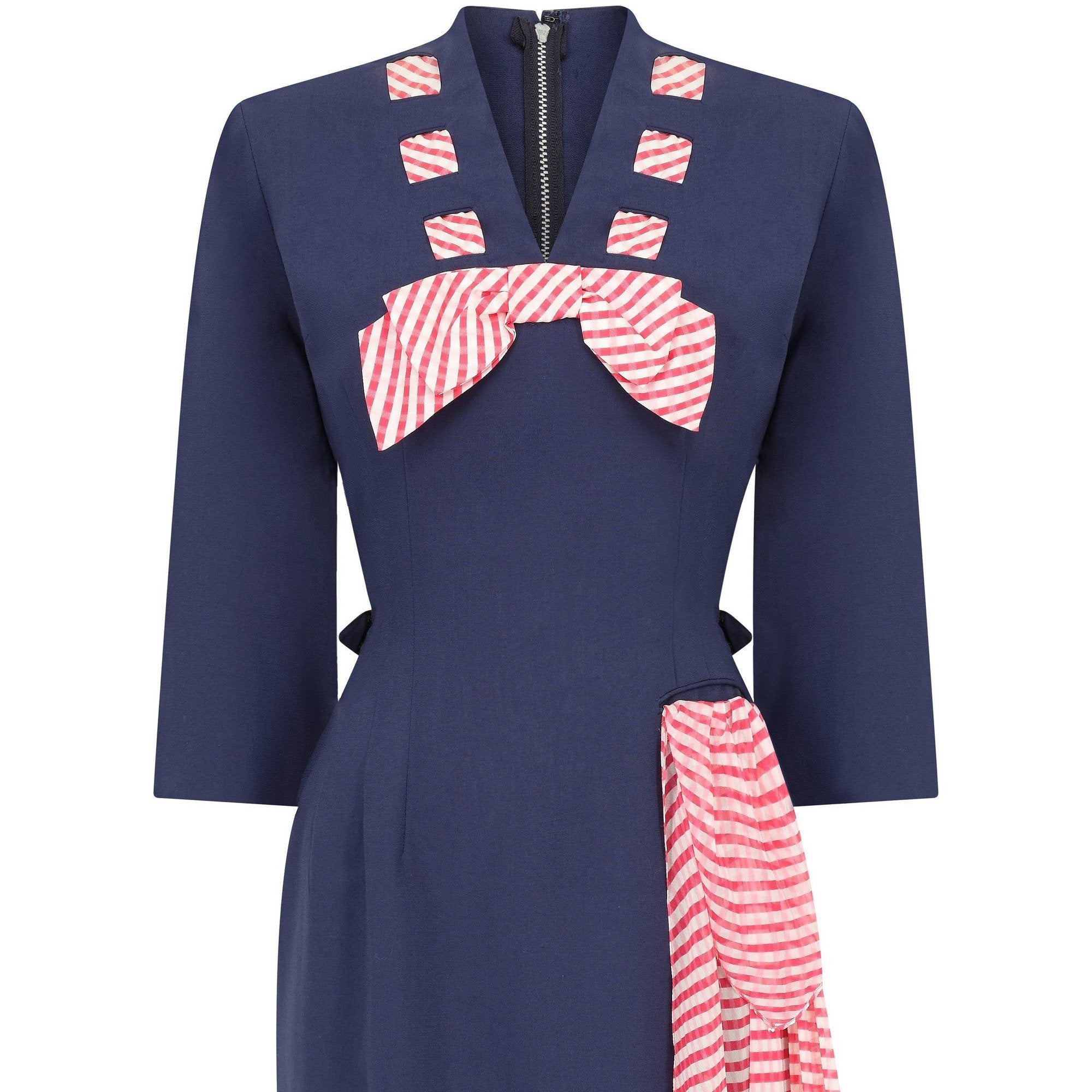 1940s Minx Mode Navy Patriotic Dress With Checkered Ribbon