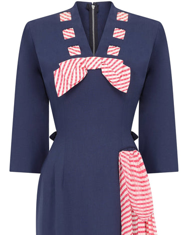 1940s Minx Mode Navy Patriotic Dress With Checkered Ribbon