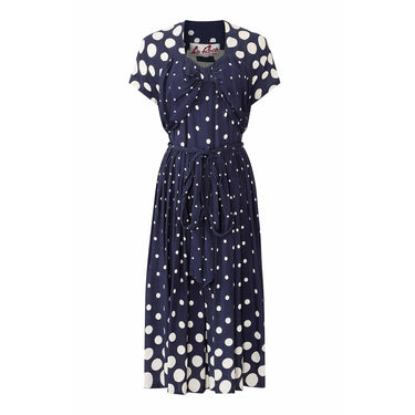 ARCHIVE - 1940s Navy And White Polkadot Dress With Bow Detail and Waist Tie