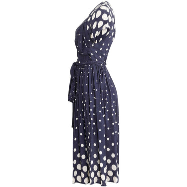 ARCHIVE - 1940s Navy And White Polkadot Dress With Bow Detail and Waist Tie