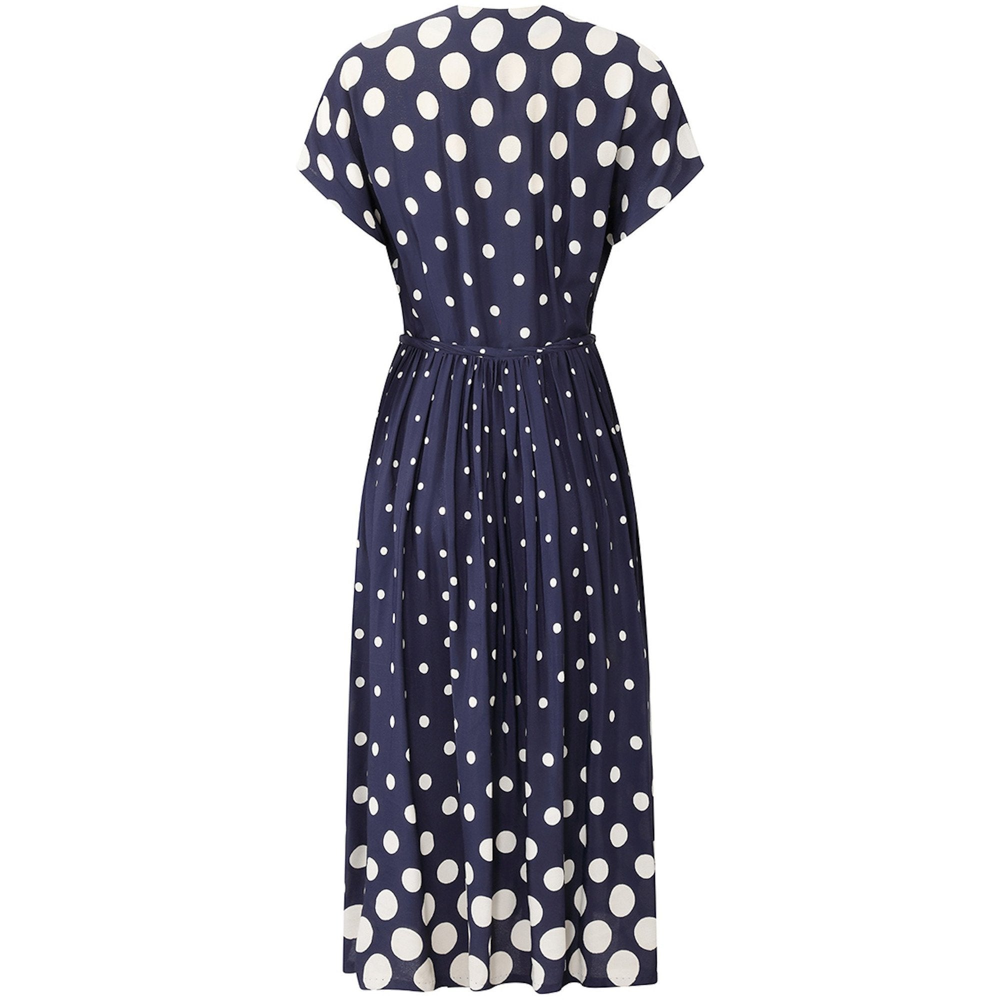 1940s Navy And White Polkadot Dress With Bow Detail and Waist Tie