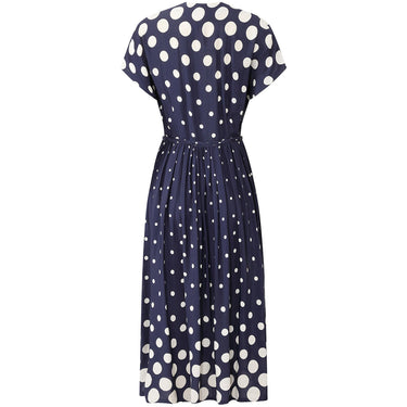 ARCHIVE - 1940s Navy And White Polkadot Dress With Bow Detail and Waist Tie