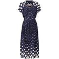 1940s Navy And White Polkadot Dress With Bow Detail and Waist Tie