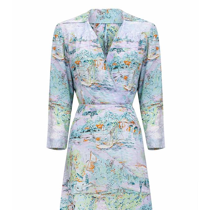 1940s Novelty Ship Print Pastel Coloured Rayon Dress