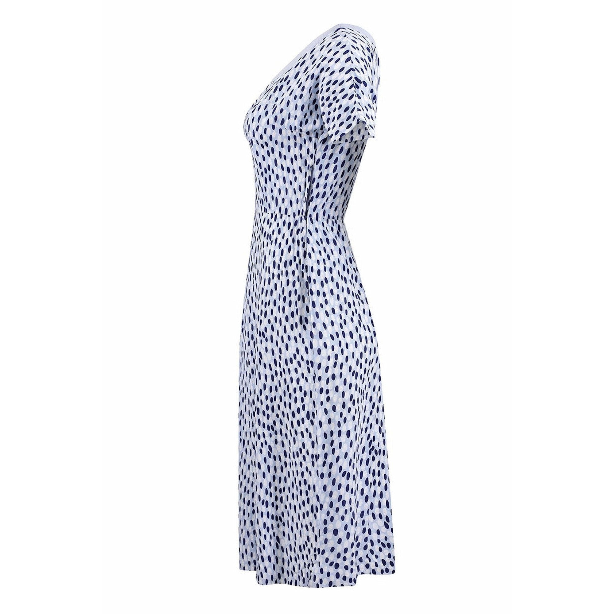 1940s Pale Blue Rayon Dress With Navy And White Pebble Print