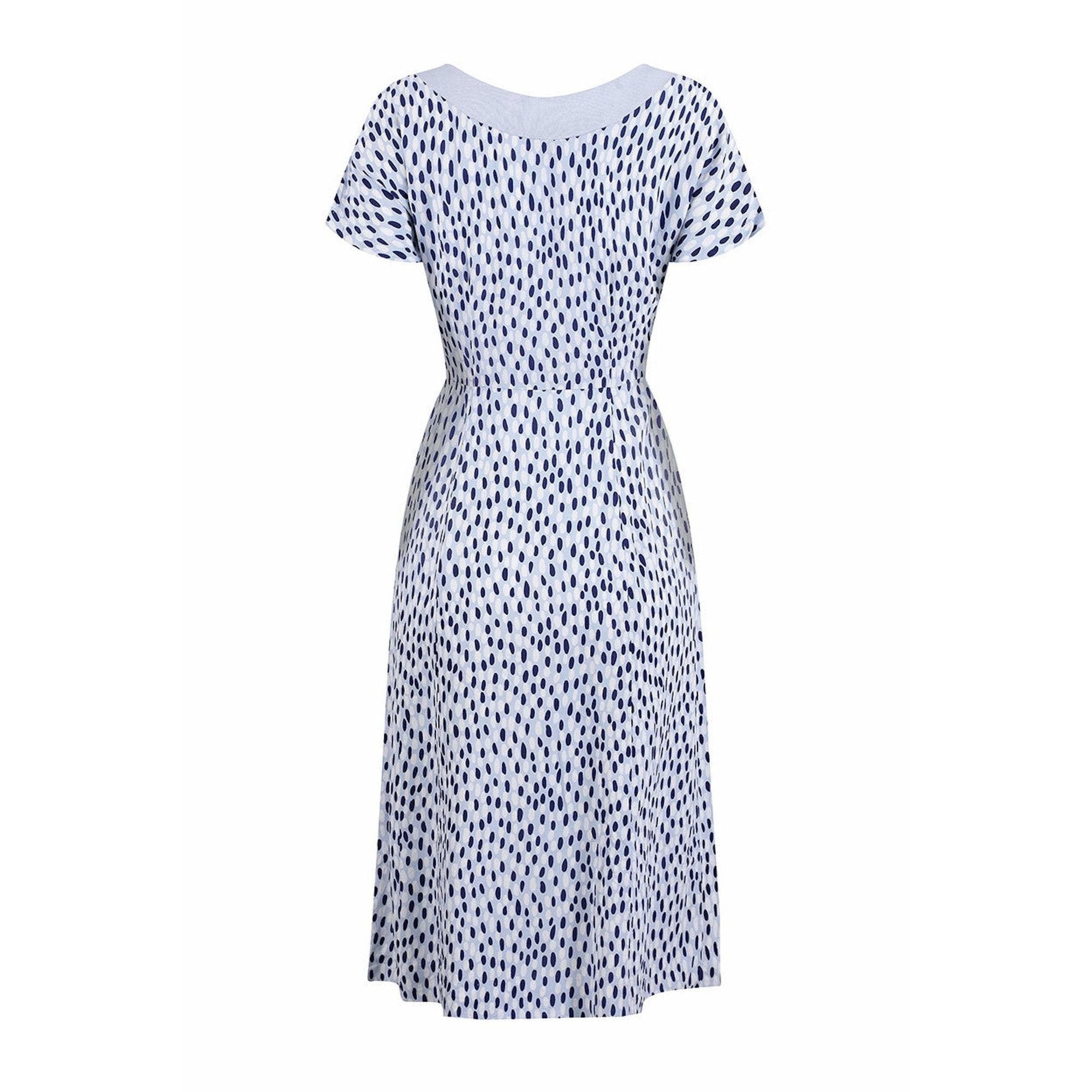 1940s Pale Blue Rayon Dress With Navy And White Pebble Print