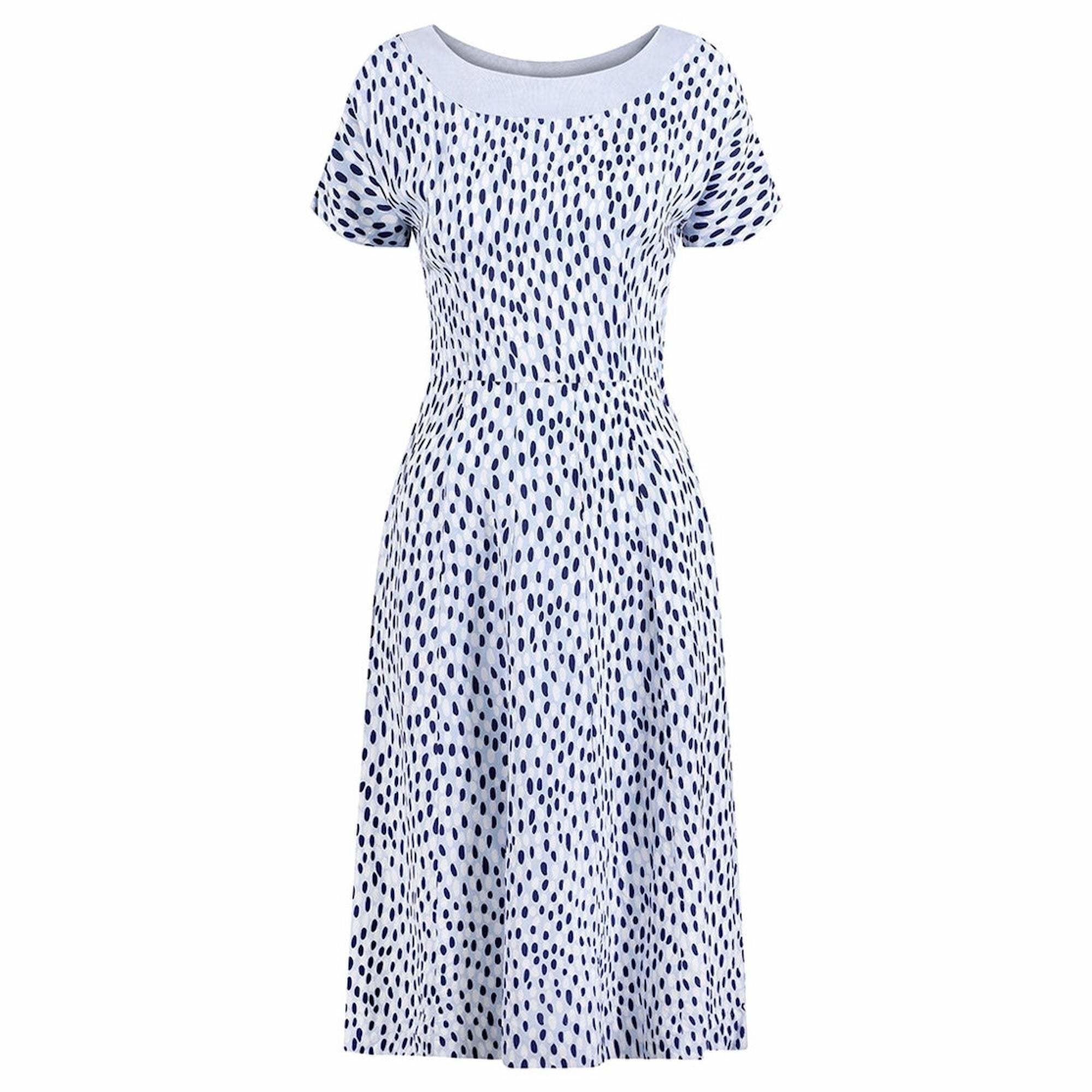 1940s Pale Blue Rayon Dress With Navy And White Pebble Print