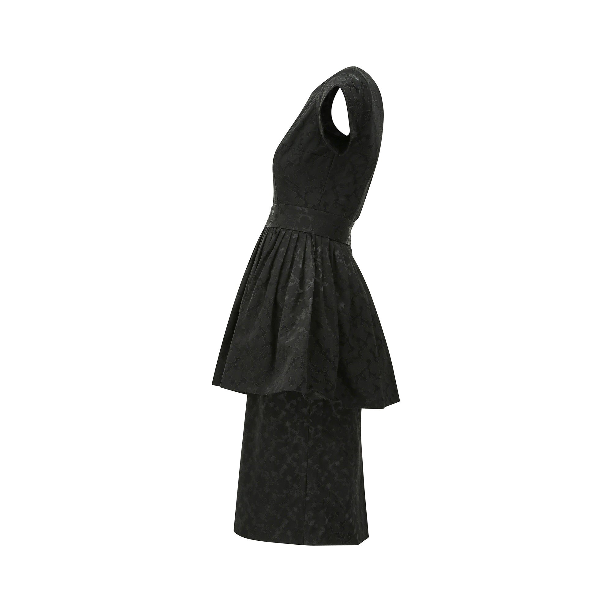 1950s Black Textured Jacquard Dress with Peplum