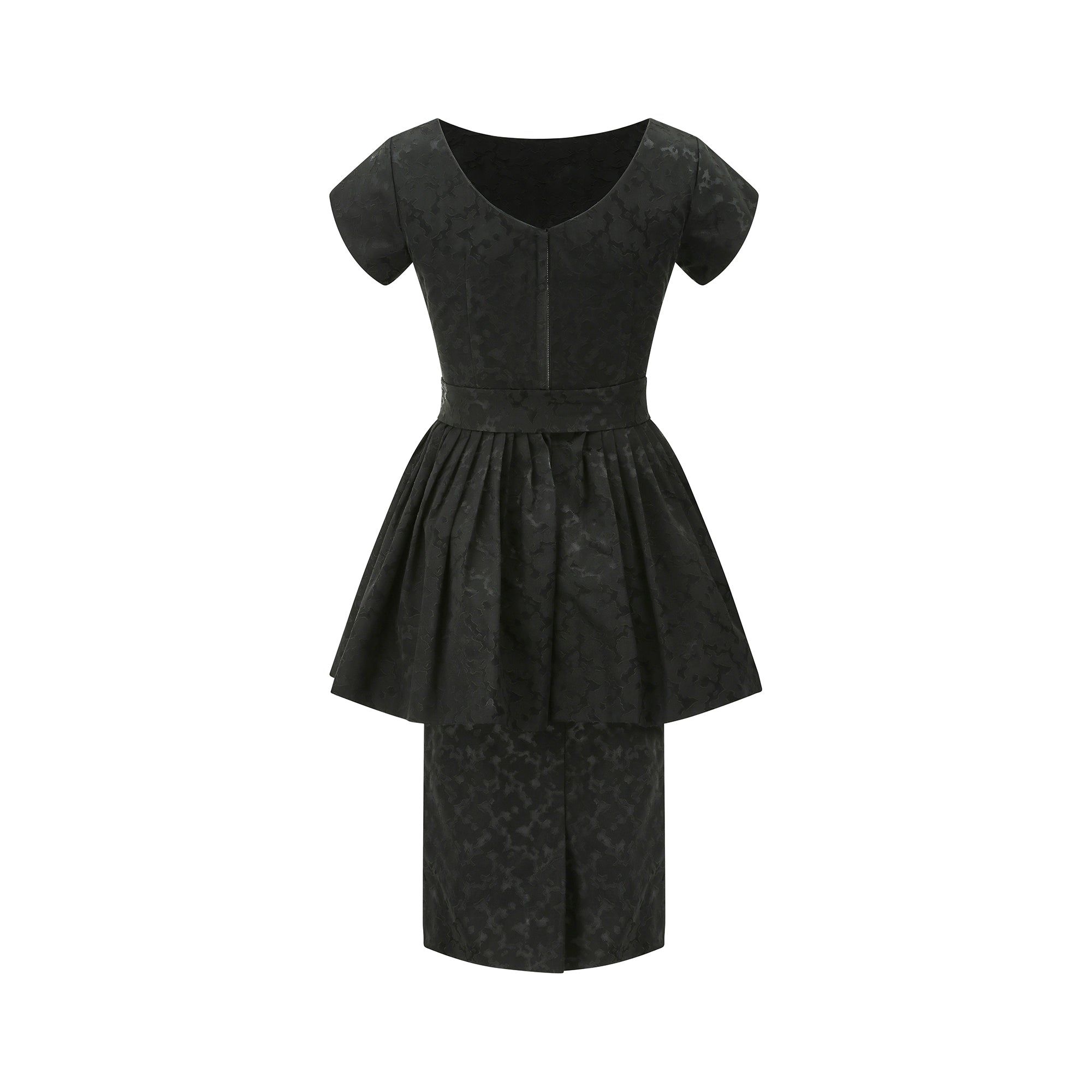 1950s Black Textured Jacquard Dress with Peplum