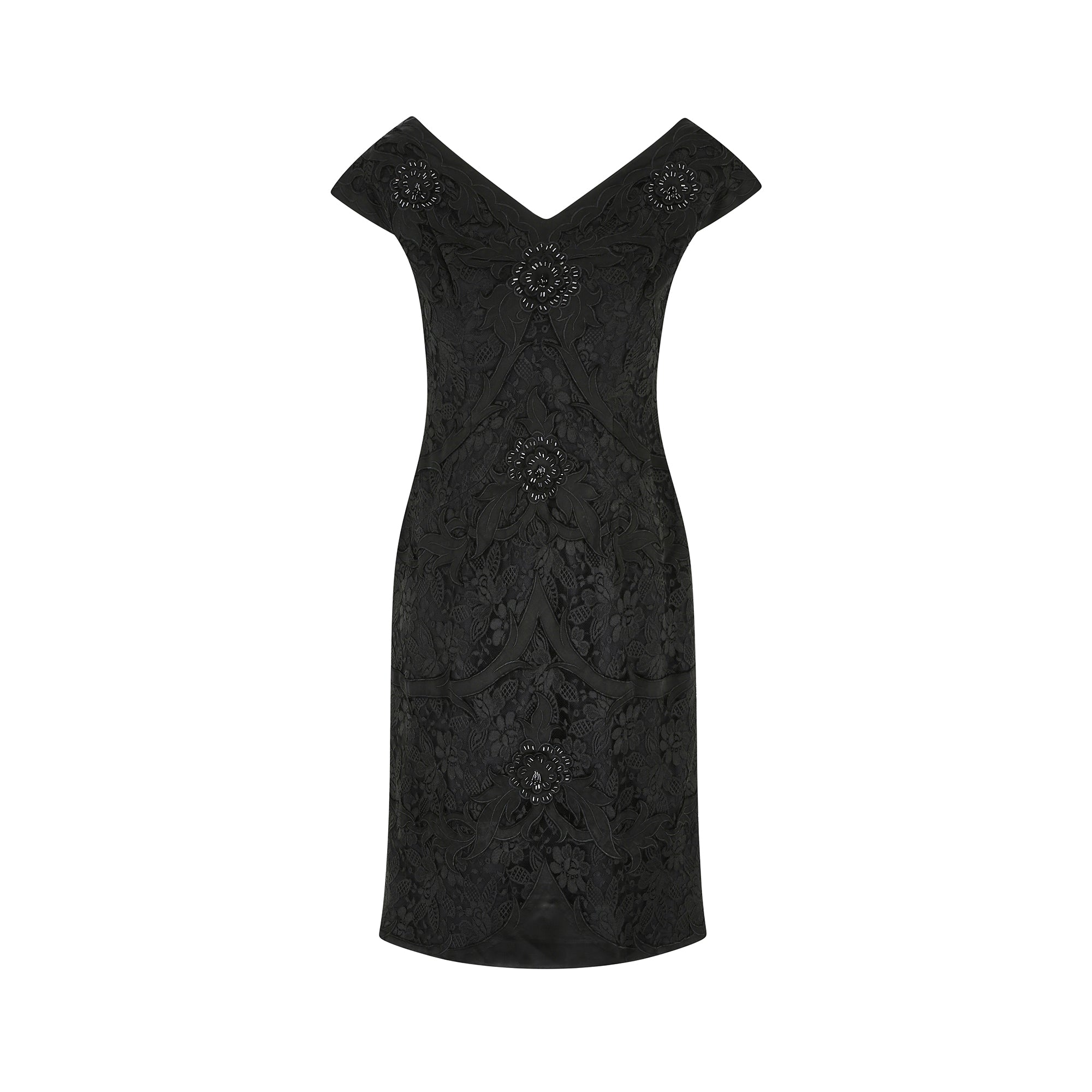 1950s Bramel Model Lace and Beaded Black Sheath Dress