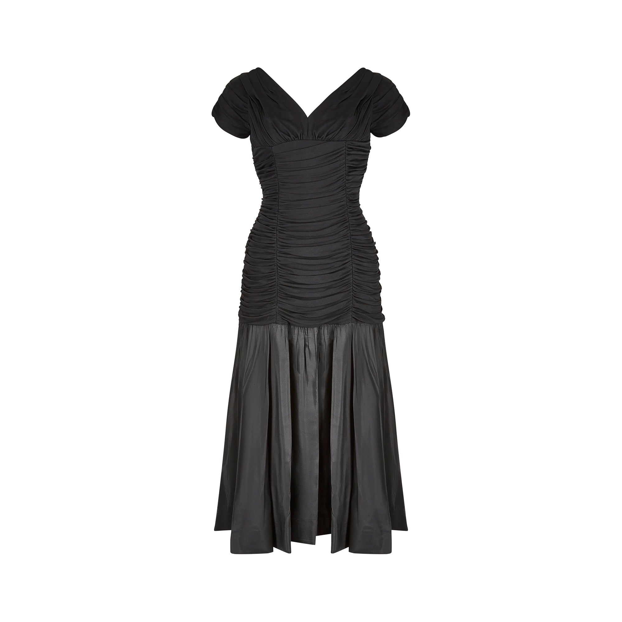1950s Ceil Chapman Black Taffeta and Ruched Silk Jersey Dress