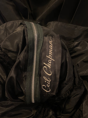 1950s Ceil Chapman Black Taffeta and Ruched Silk Jersey Dress