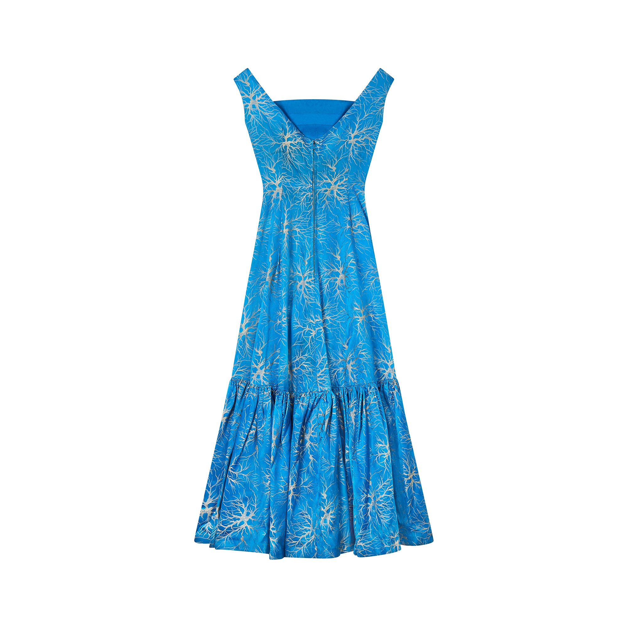 ARCHIVE - 1950s Frank Usher Jacquard Blue and Champagne Evening Dress