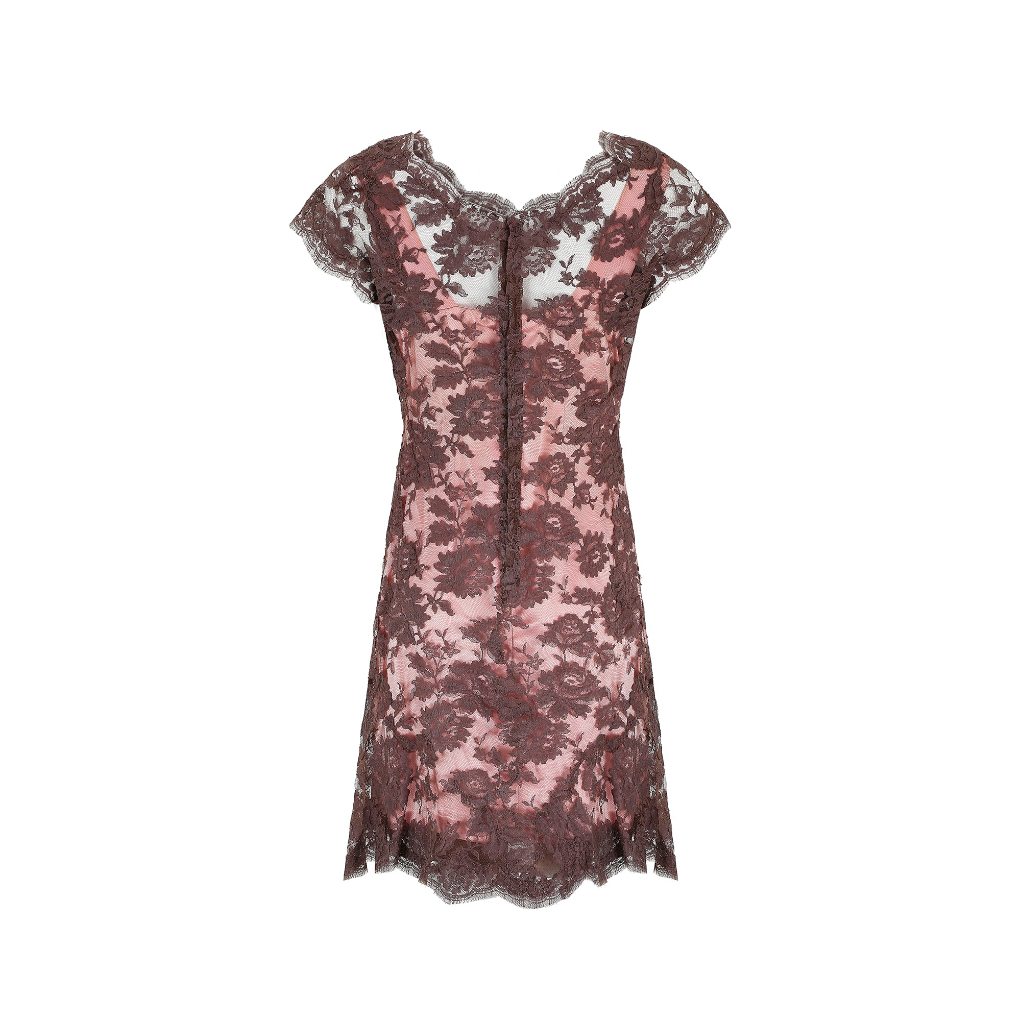 1950s Worth London Couture Brown Lace and Pink Sheath Dress