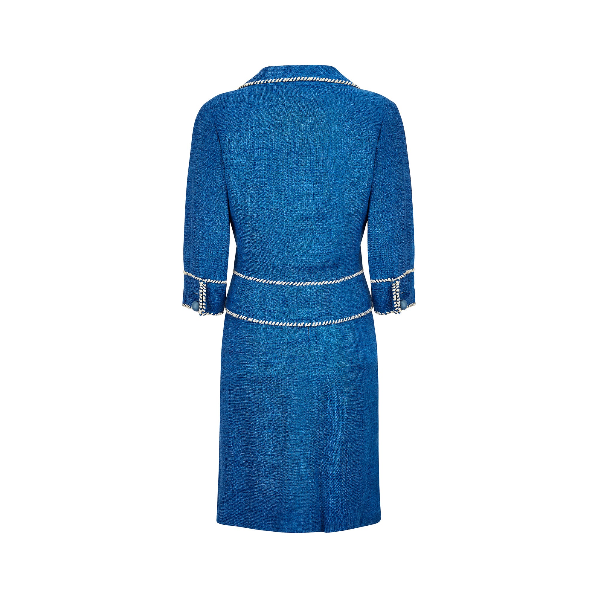 1950s Jacques Esterel Haute Couture Blue Linen Dress Suit