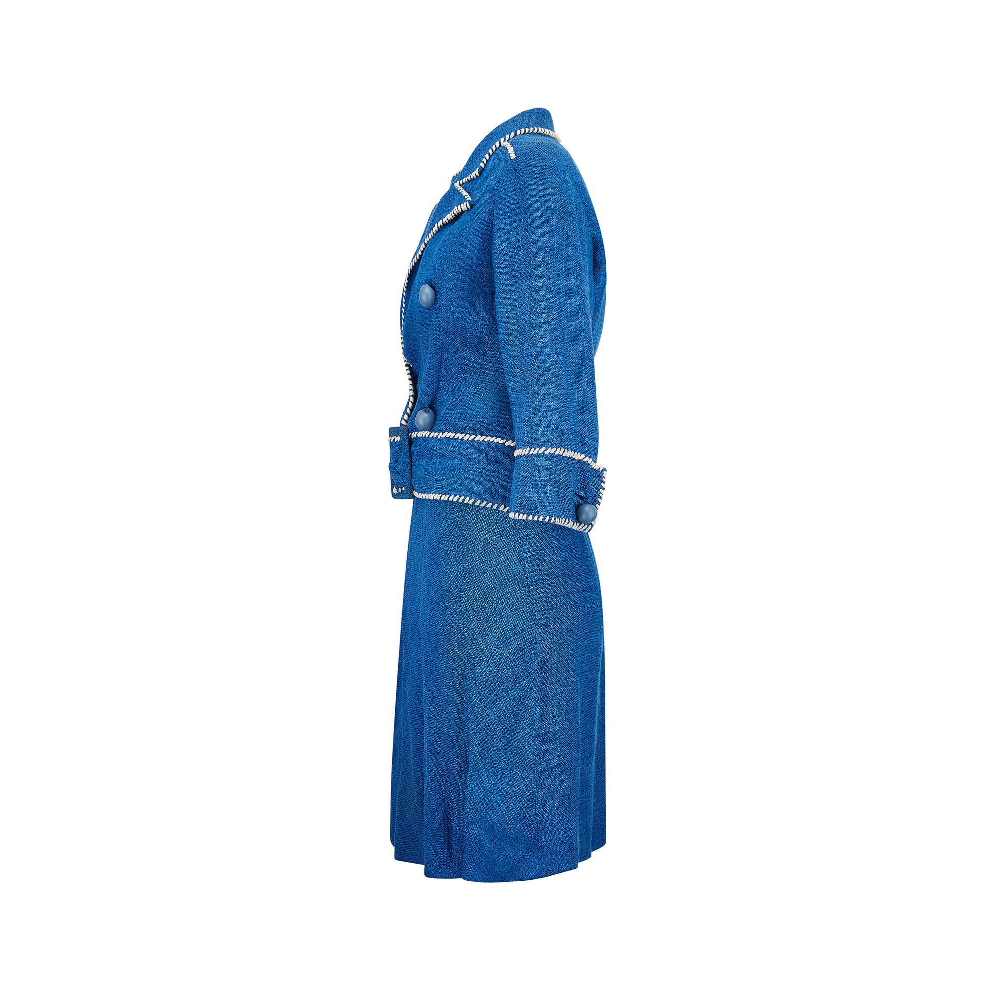 1950s Jacques Esterel Haute Couture Blue Linen Dress Suit