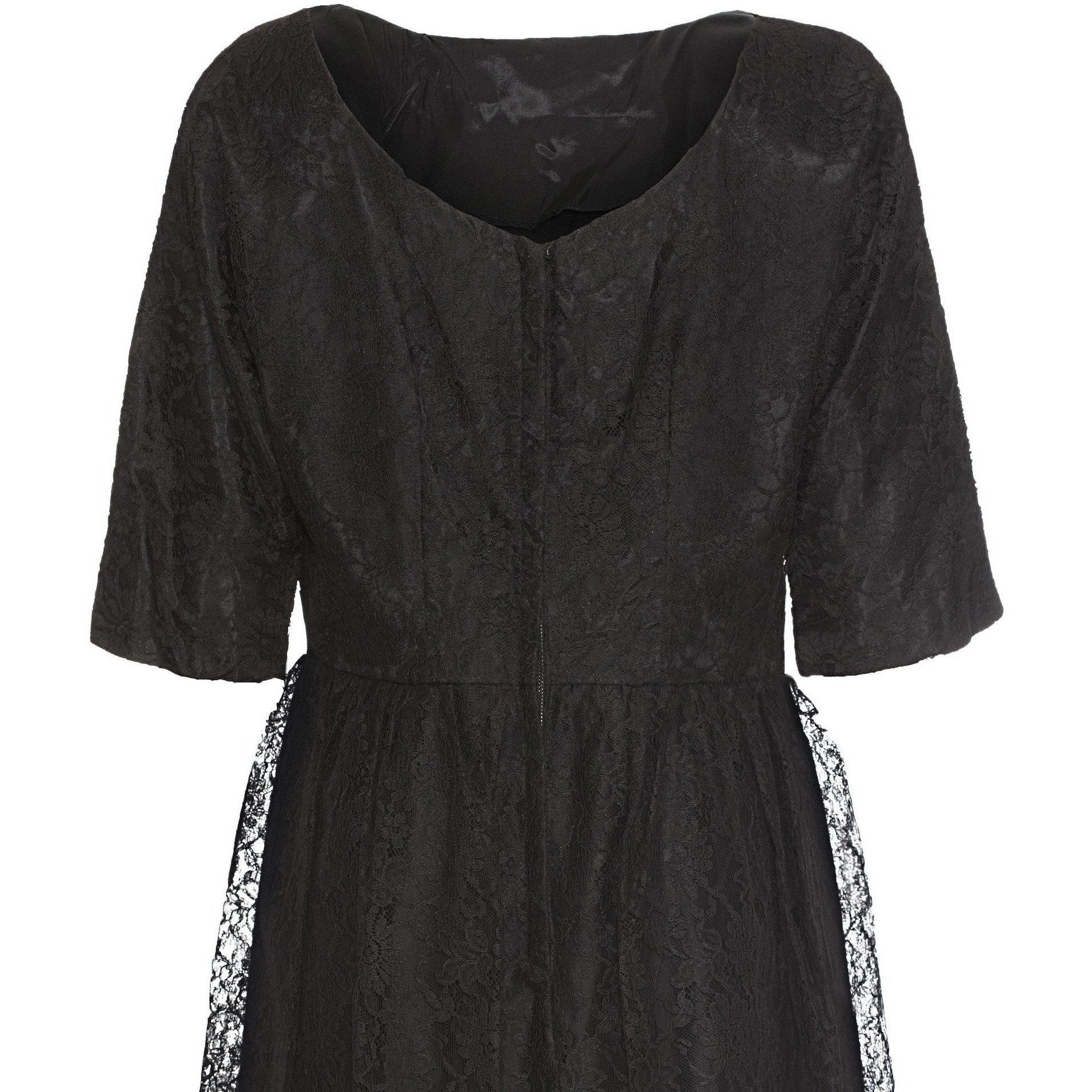 1950s Black Chantilly Lace Peplum Cocktail Dress With Pleated Satin Sash