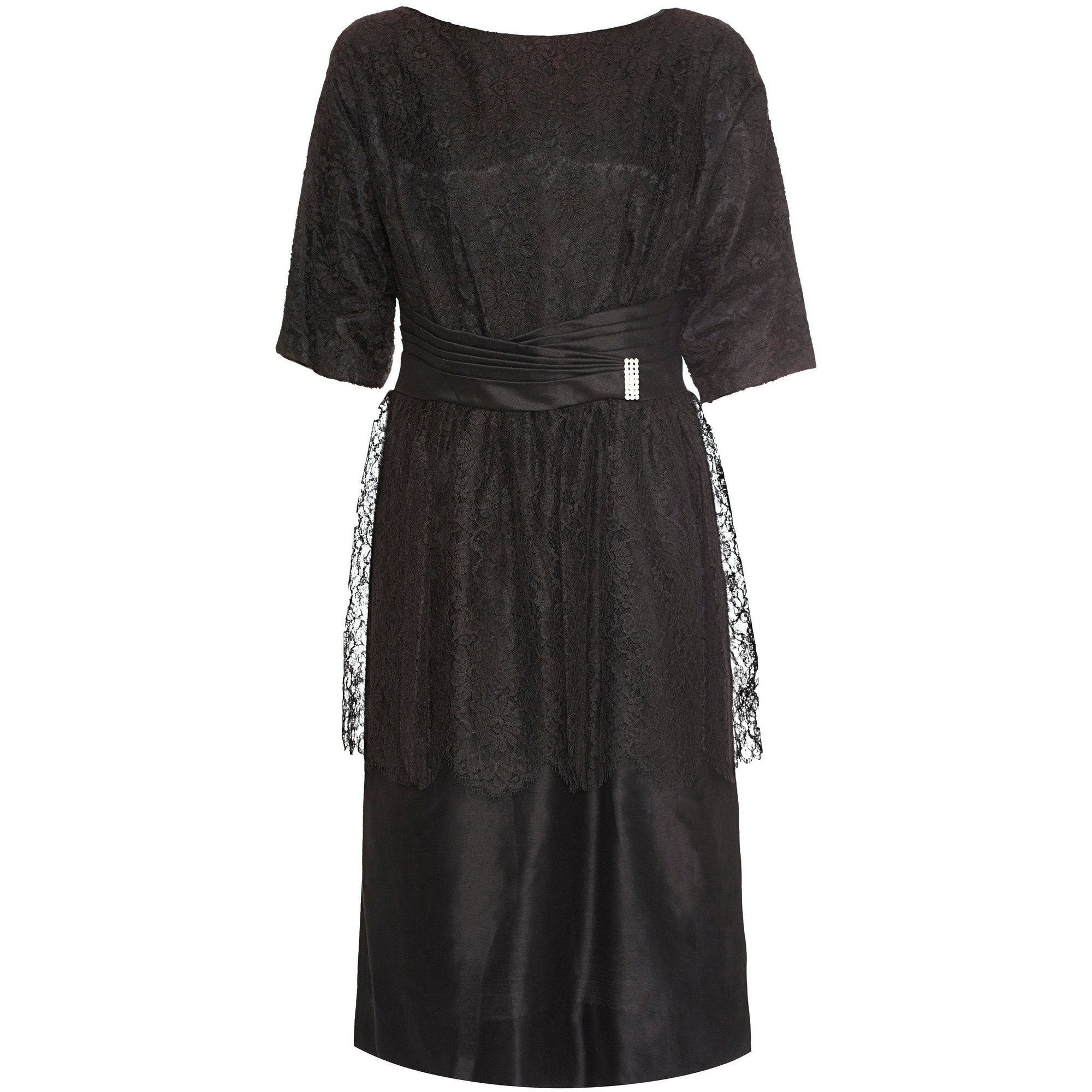 1950s Black Chantilly Lace Peplum Cocktail Dress With Pleated Satin Sash