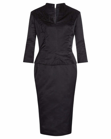 1950s Black Silk Evening Dress With Peplum and Beaded Collar
