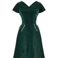 1950s Emerald Green Velvet Evening Dress with Crystal Buttons