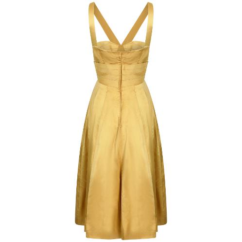 1950s Gold Pleated Bodice Silk Cocktail Dress with Bow Detail