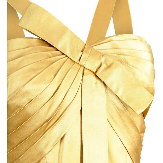 1950s Gold Pleated Bodice Silk Cocktail Dress with Bow Detail