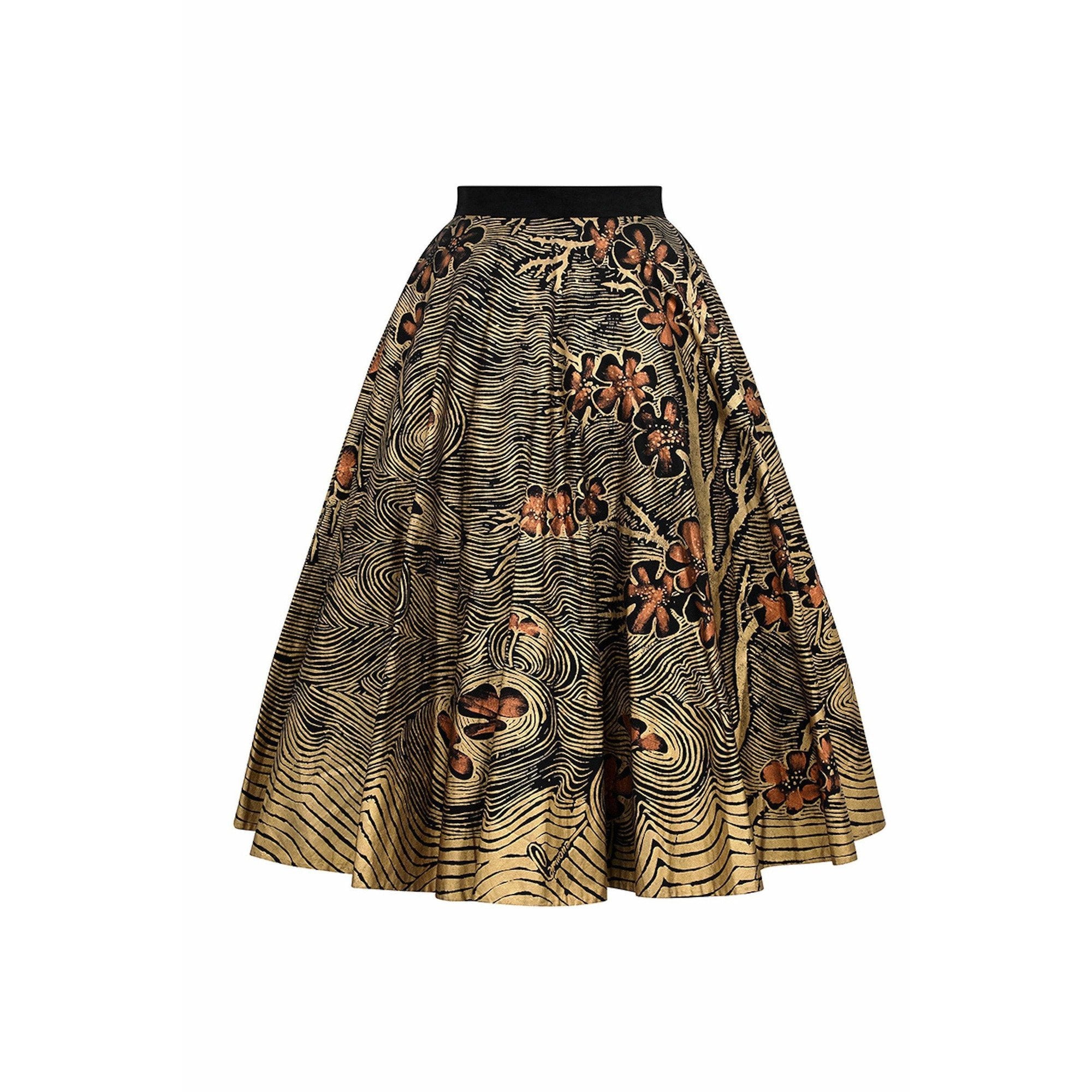 1950s Hand Painted Gold Mexican "Autumn" Themed Skirt With Bronze Flowers