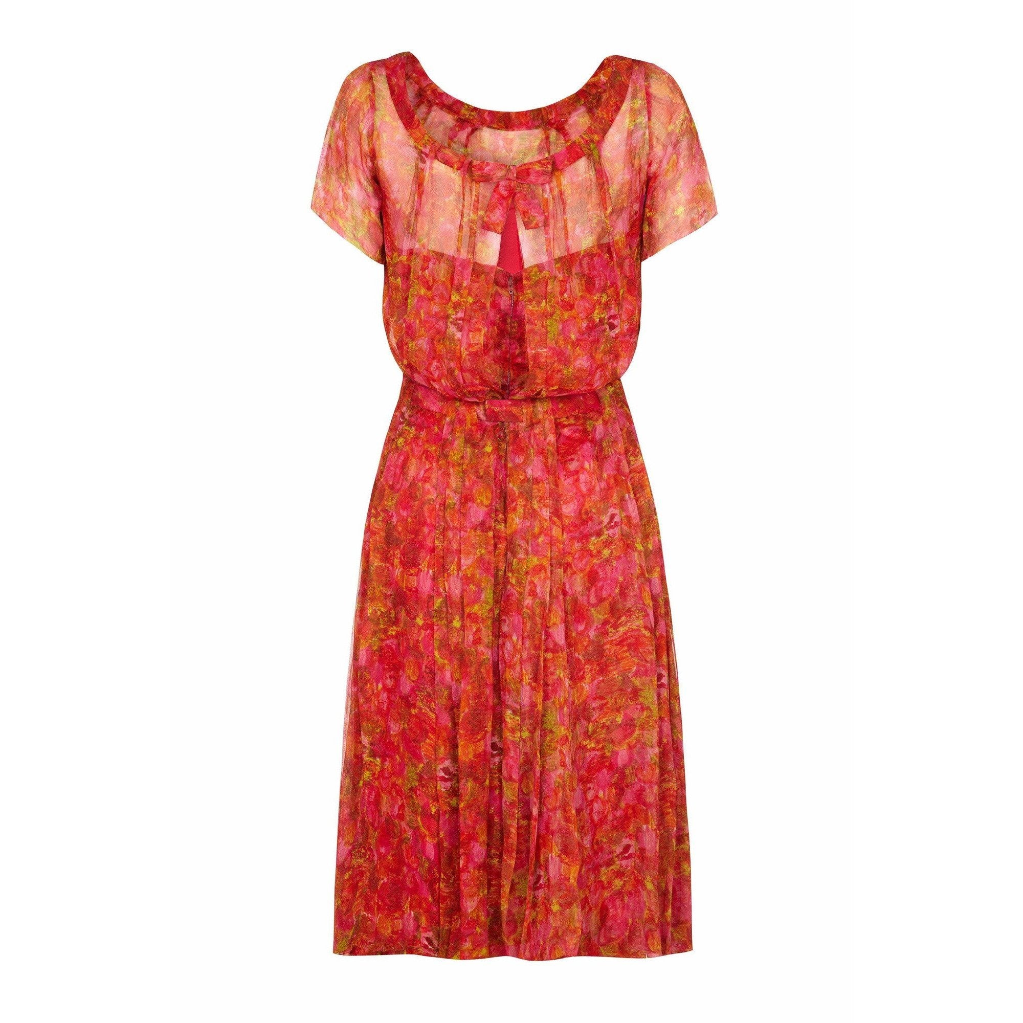 1950s Lachasse Couture Printed Silk Chiffon Dress With Belt Detail