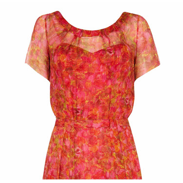 ARCHIVE - 1950s Lachasse Couture Printed Silk Chiffon Dress With Belt Detail