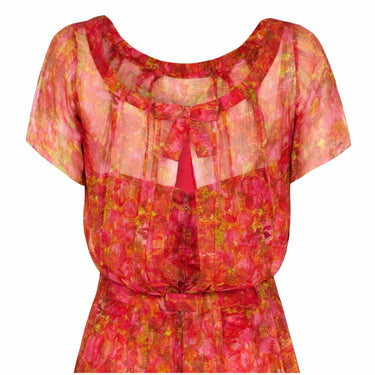 ARCHIVE - 1950s Lachasse Couture Printed Silk Chiffon Dress With Belt Detail