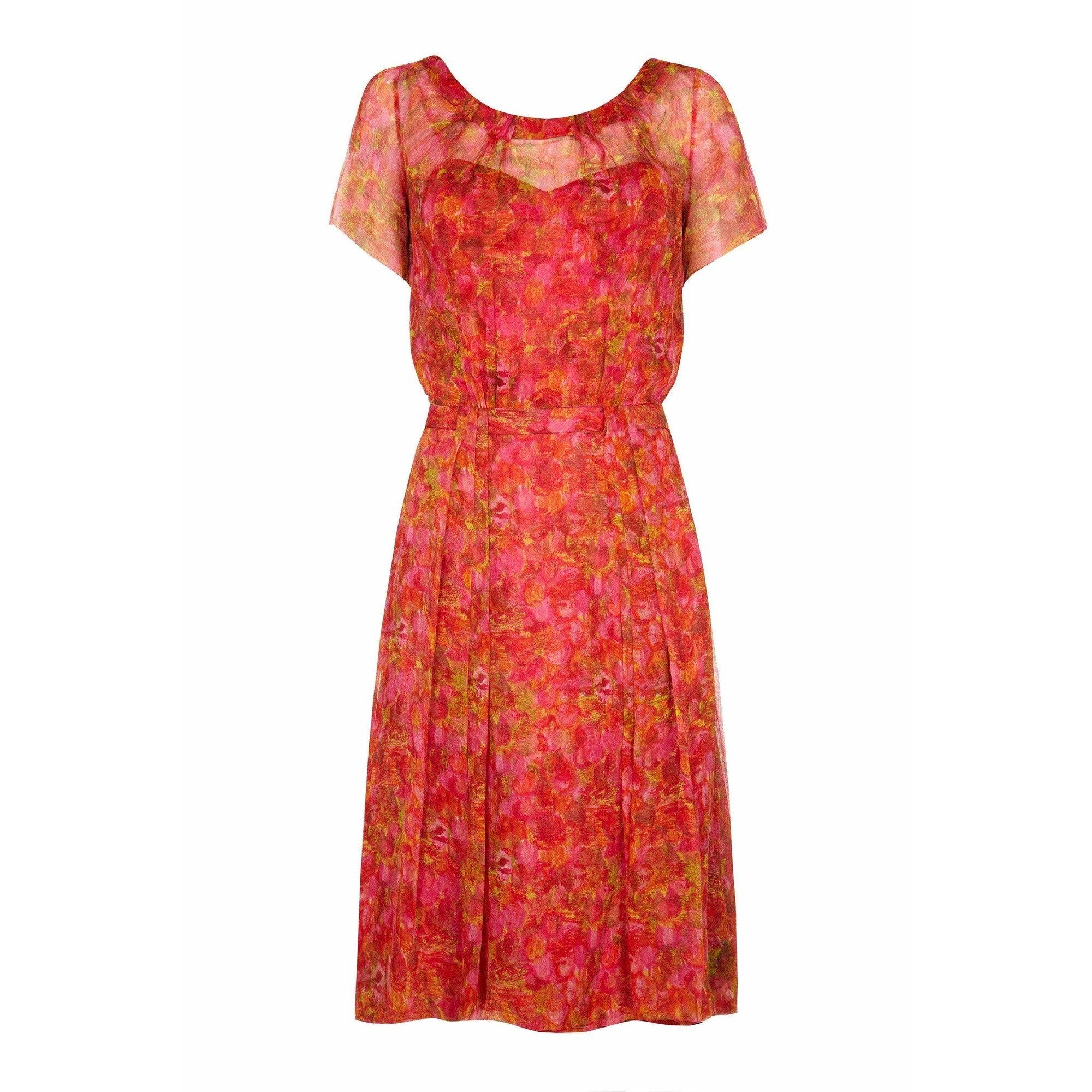 1950s Lachasse Couture Printed Silk Chiffon Dress With Belt Detail