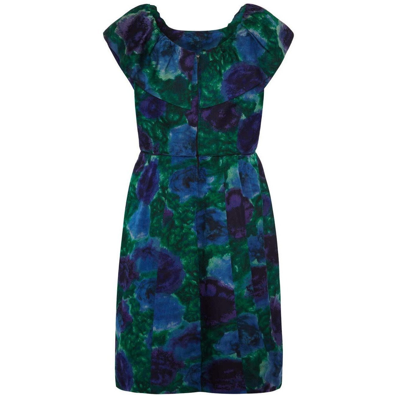 1950s Lane Bryant Blue and Green Floral Silk Dress