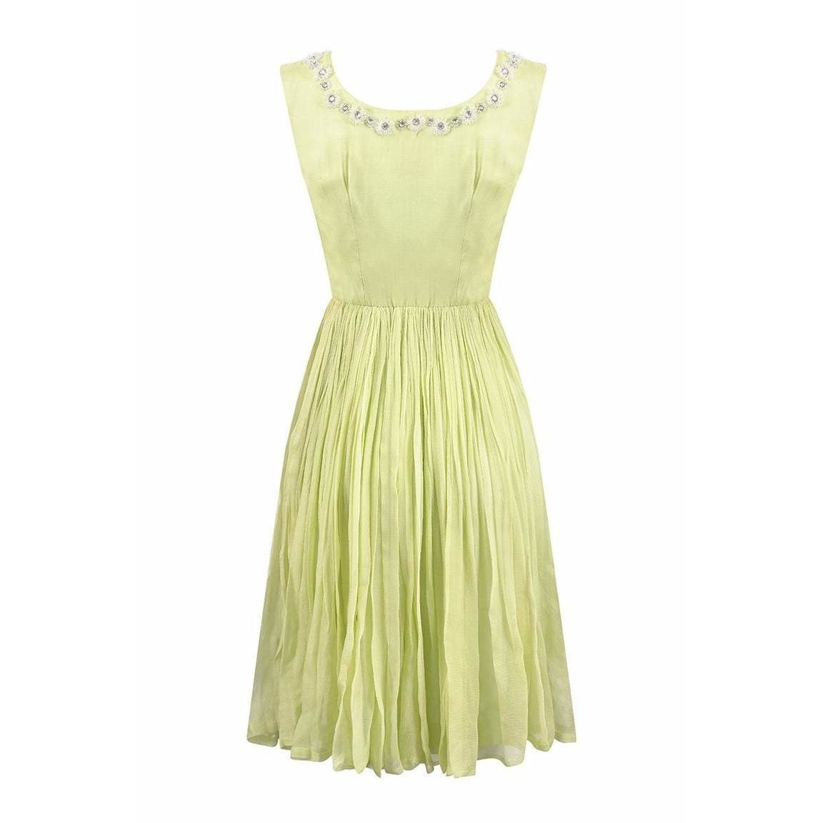 1950s Lime Green Silk Chiffon Beaded Dress