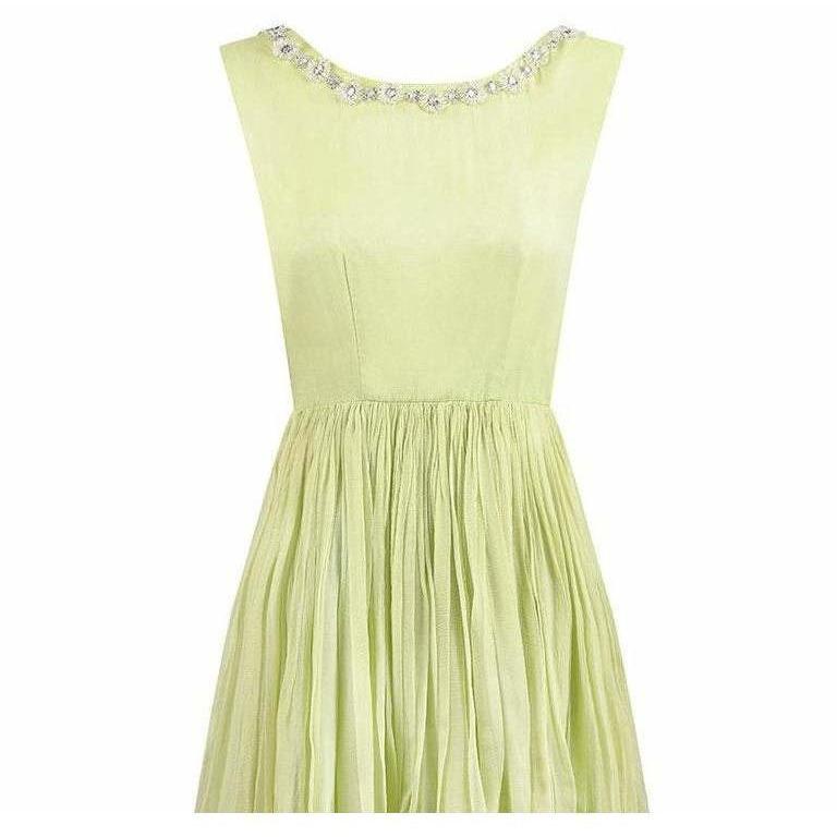 1950s Lime Green Silk Chiffon Beaded Dress