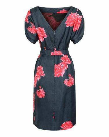 1950s Navy and Pink Silk Rose Print Dress