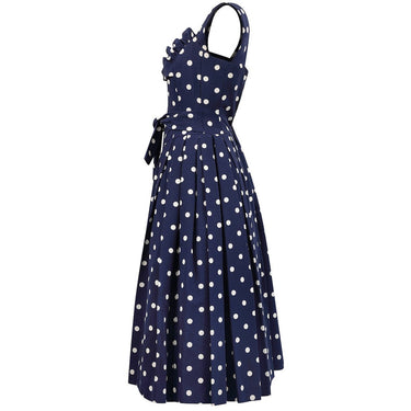 ARCHIVE - 1950s Navy And White Polkadot Couture Dress With Structured Bodice