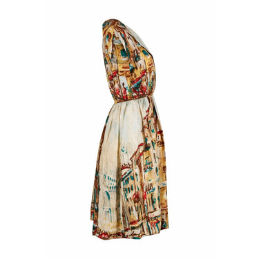 ARCHIVE - 1950s Novelty Abstract Printed Silk Dress With Broad Lapel and Button Detail