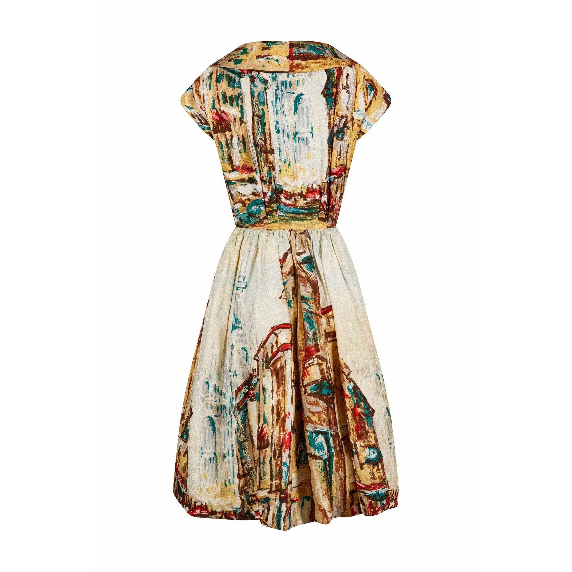1950s Novelty Abstract Printed Silk Dress With Broad Lapel and Button Detail