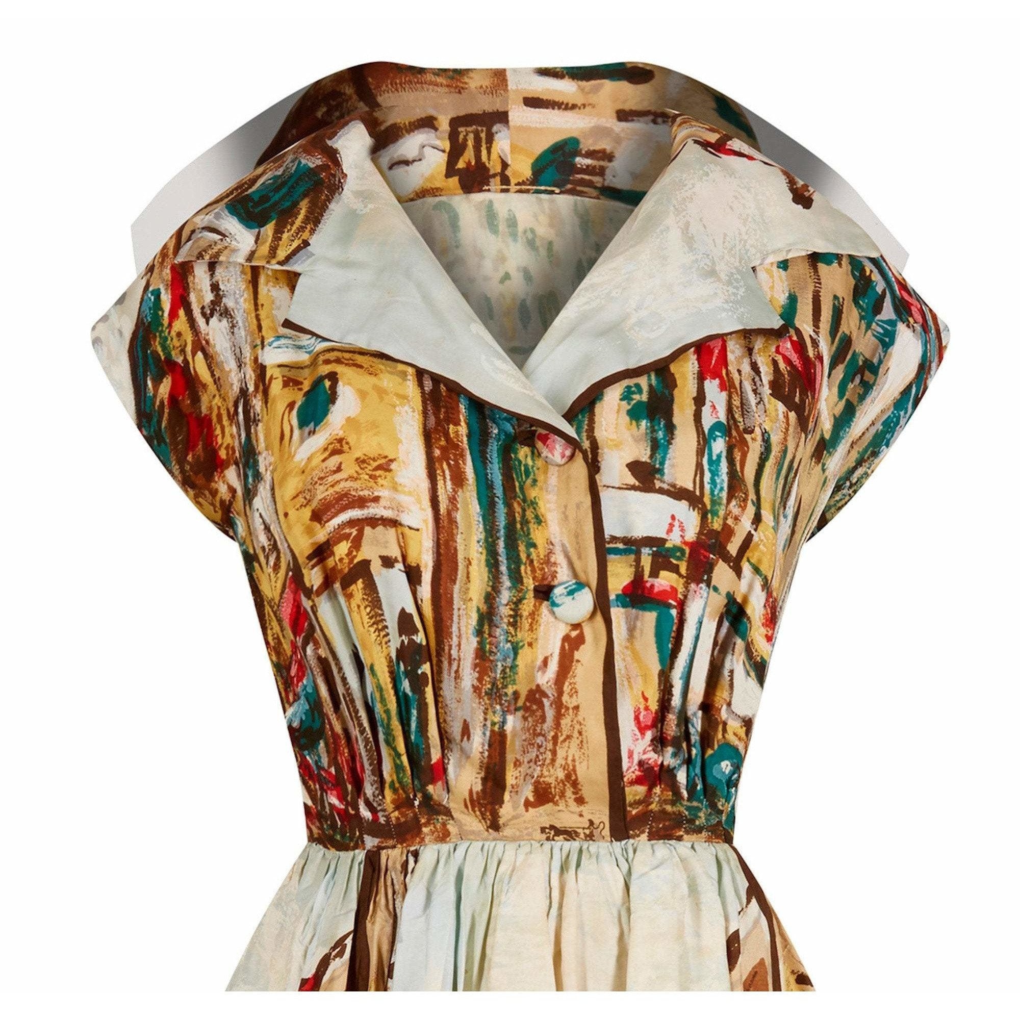 1950s Novelty Abstract Printed Silk Dress With Broad Lapel and Button Detail